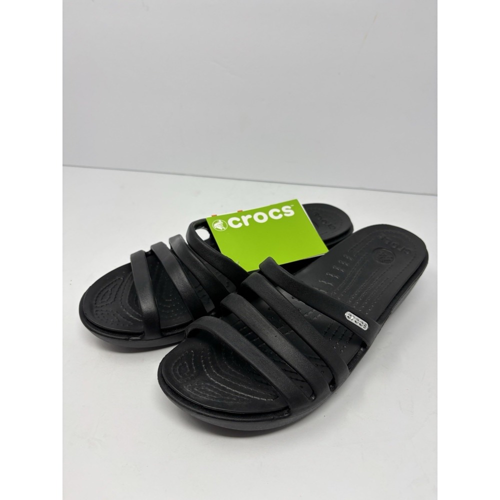 Crocs Rhonda Wedge Sandals Women's 7 Black Four Strap Slide Strappy Shoes